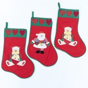 3 House of Hatten Christmas Stockings Patchwork Applique Santa Claus Teddy Bear
